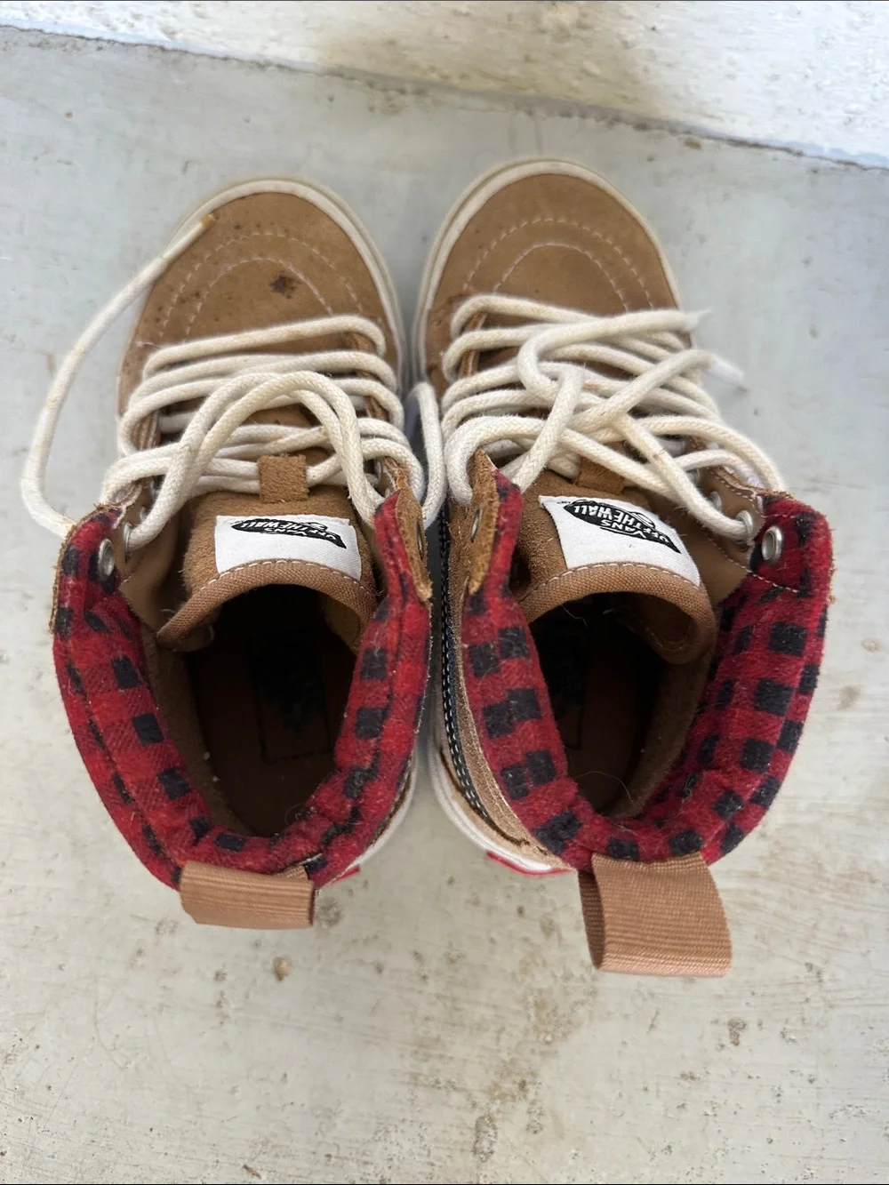 Kids High-Top Sneakers in Tan with Red Plaid Collar